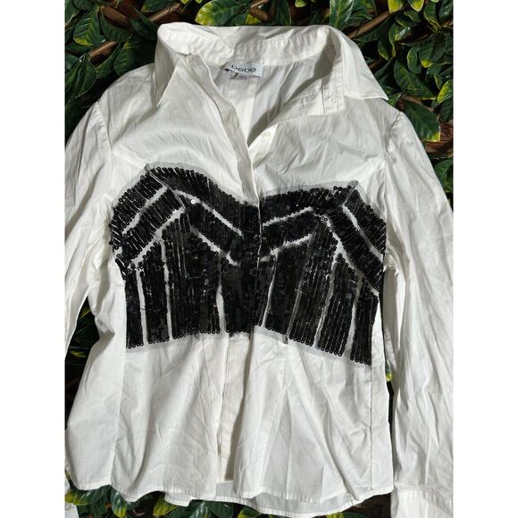 y2k Bebe White Button Up Black Beaded Bust Size Medium - Picture 2 of 6